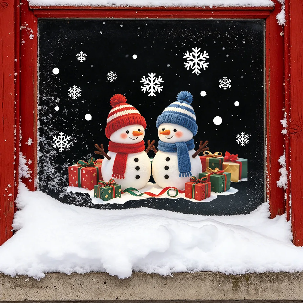 Self‑Adhesive Christmas Snowman Gift Box Snowflake Window Decal, Holiday Decor Sticker for Outdoor Glass Window Beautification