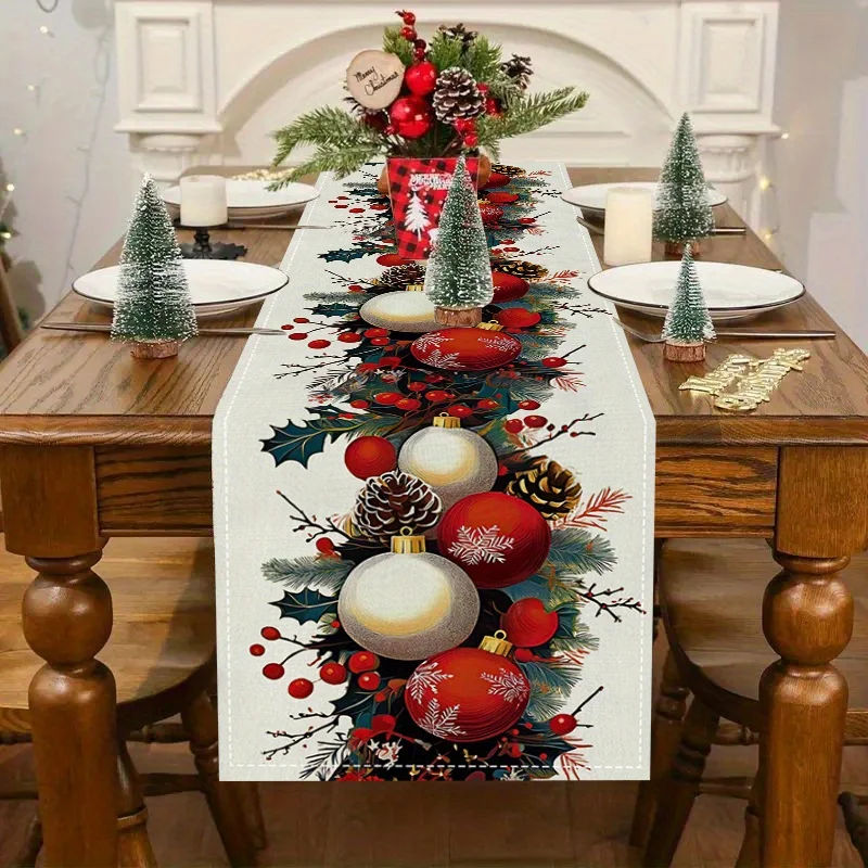 Christmas Pine Needle Xmas Balls Berry Linen Table Runner Party Decor Reusable Winter Kitchen Dining Table Runner Xmas Decor