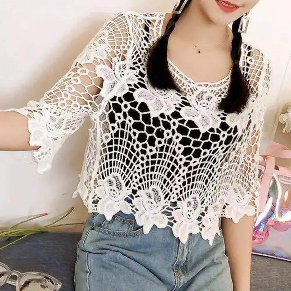 Stylish Women Shirt Half Sleeve Jacquard Cutout Blouse Embroidery Floral Lace Cover Up Short Summer Knitted Hollow Pullover Tops