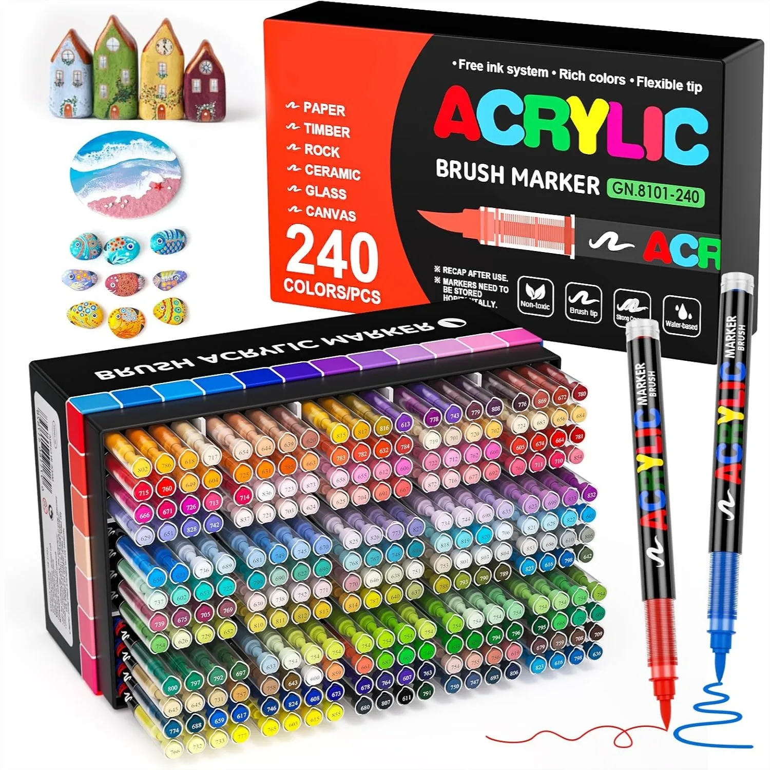 

Acrylic Paint Markers 240 Colors, Brush Tip with Automatic Ink Control, 30% More Ink, Water-Based for Paper, Rocks, Wood