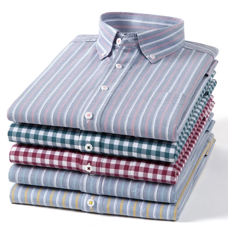 2024 Spring and Autumn 100% Cotton Oxford  Plaid Fashion Stripe Slim Fit Solid Color Business Casual Long Sleeve Men's Shirt