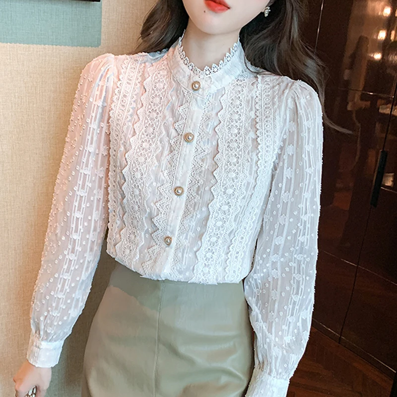 Spring Women Lace White Blouse Shirt Women Tops Long Sleeve Blouse Women Blusas Mujer De Moda 2024 Blouses Women Shirts Top E382