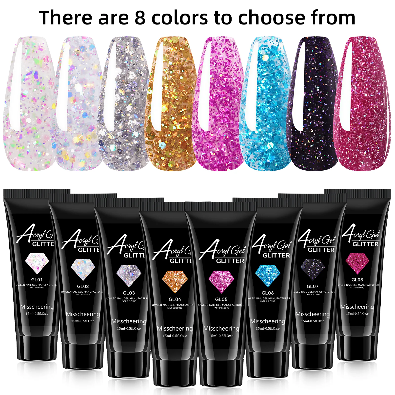 Misscheering 15ml Glitter Acryl Gel Nail Extension Gel Quick Building UV LED Poly Nail Gel Sparkly Sequin Nail Builder Gel Nail