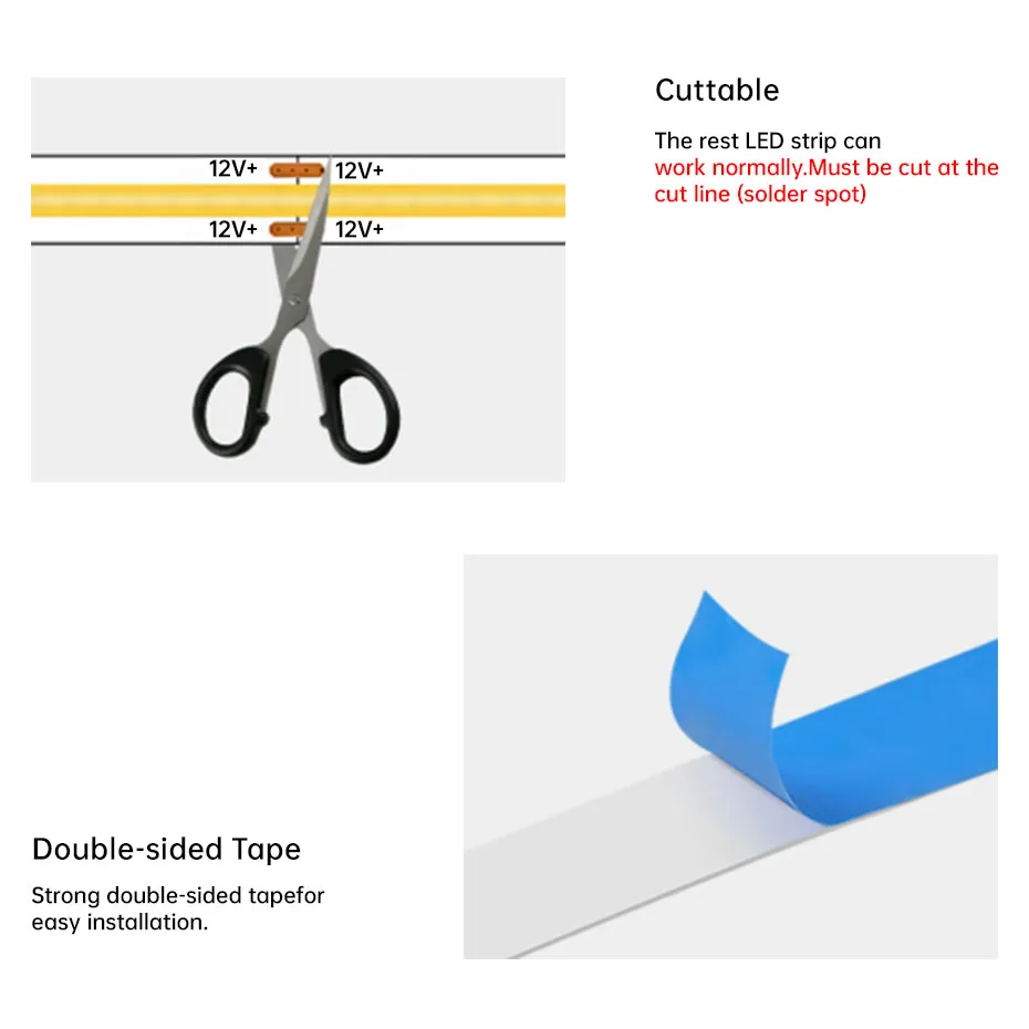 12V Ultra-Thin COB LED Strip 320LEDs/m 0.5m-5m Dimmable Tape with Bluetooth/3-Key Control for Home DIY Lighting Applications