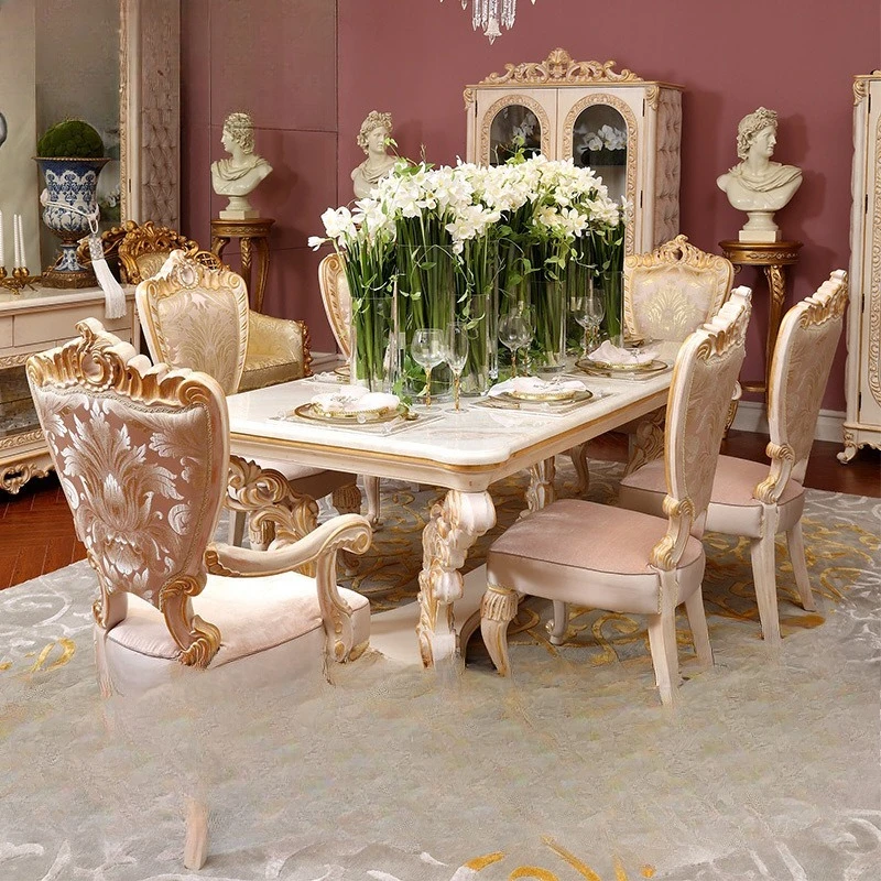 Meubles de salle à manger, table sculptée en bois massif, table à manger rectangulaire en marbre naturel et combinaison de chaises