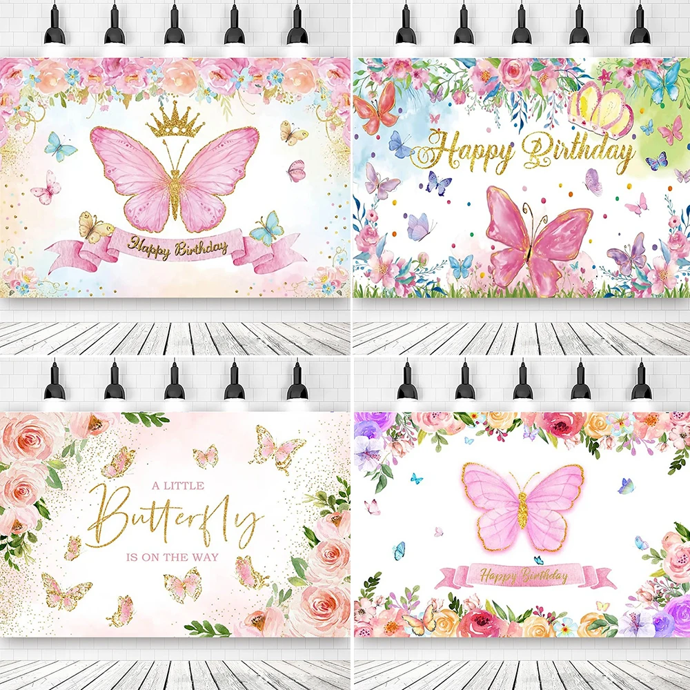 

Butterfly Birthday Party background Girls Fairy Princess Purple Pink Floral Gold Kids Table Banner Decor Photography Background