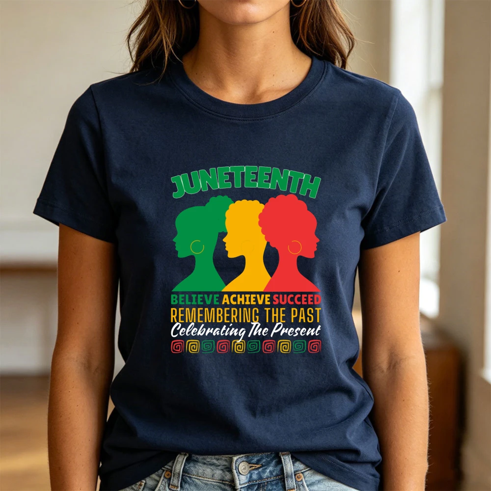 Juneteenth Women T-Shirt Celebrating The Past Remembering The Present Gift for Her African Woman Headprint Fabric Clothes