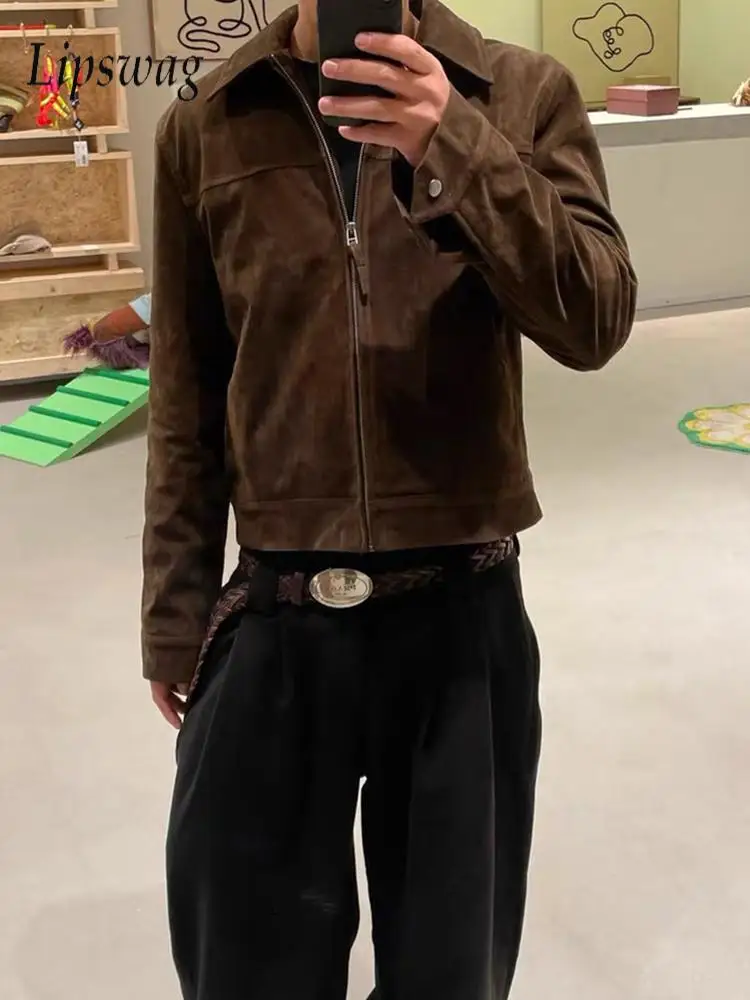 

Y2K Мужская куртка Уличная мода Slim Fit с длинным рукавом на молнии с лацканами Куртки для мужчин Осень Зима Открытый Повседневные укороченные пальто