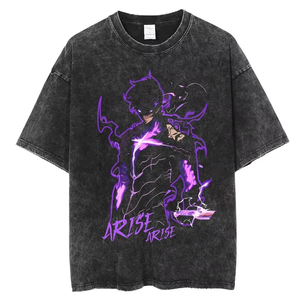 Camiseta lavada con estampado de Sung Jin Woo para hombre, camisetas informales de algodón, Camiseta Vintage de Manga, camisetas Harajuku para hombre 2025