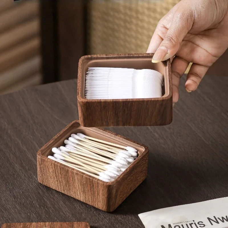 Luxury Walnut Wood Grain 2-in-1 Toothpick & Cotton Swab Holder, Minimalist Desktop Organizer for Home Kitchen Table,Elegant Gift