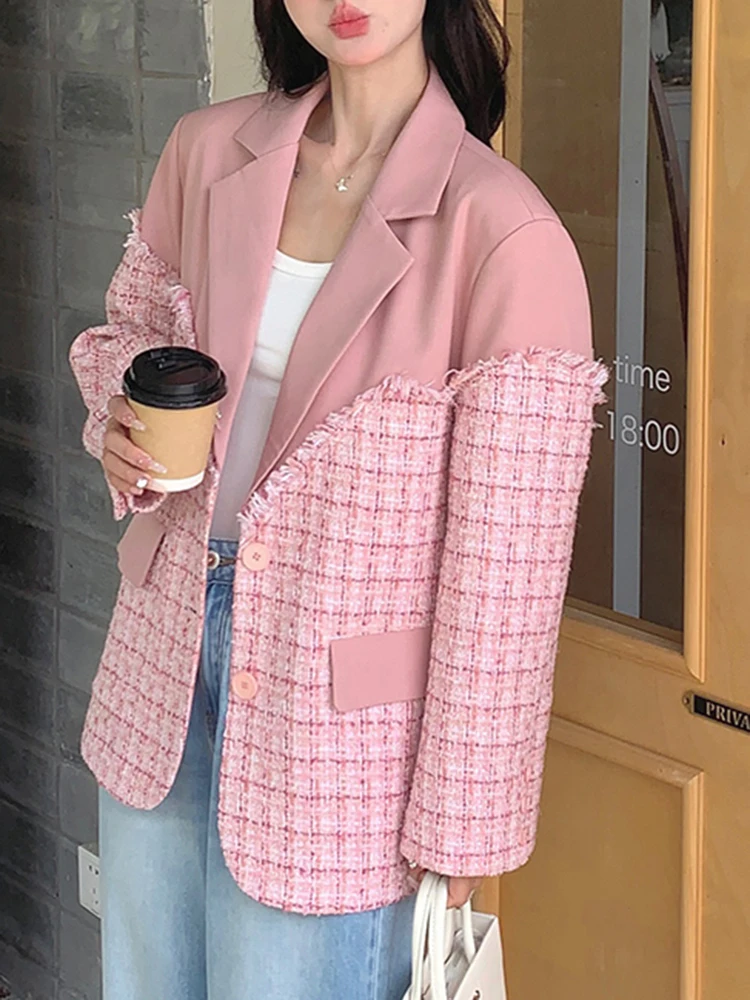 YERMORA Pink Color Spliced Plaid Casual Blazer For Women Lapel Long Sleeve Big Size Basic Jacket Fashion Tide Spring Autumn A1