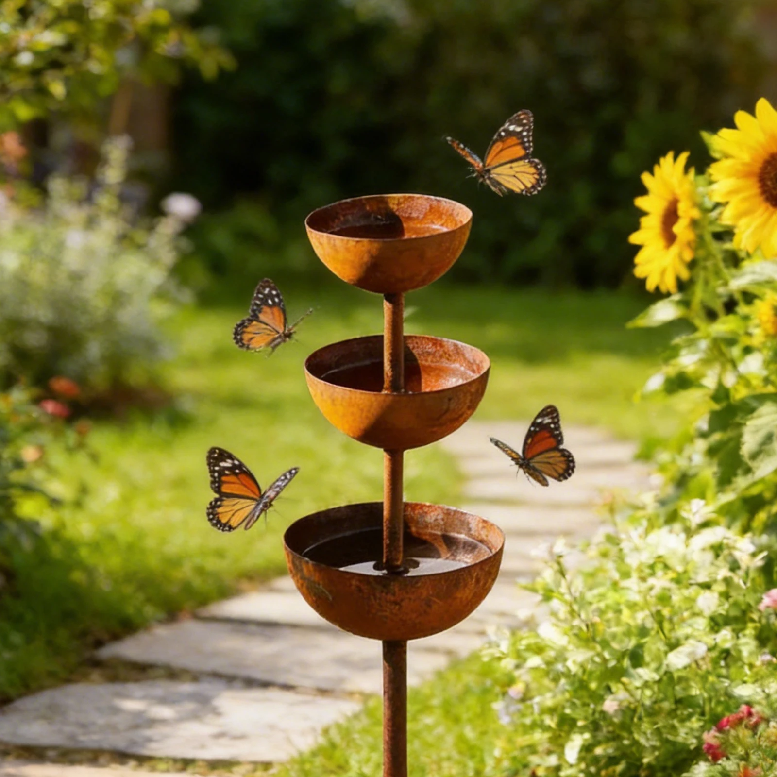 Outdoor Bird Bath with 3-Tiered Water Bowls Rain Water Catcher Metal Garden Stakes Bird Bath for Home Garden Backyard Courtyard
