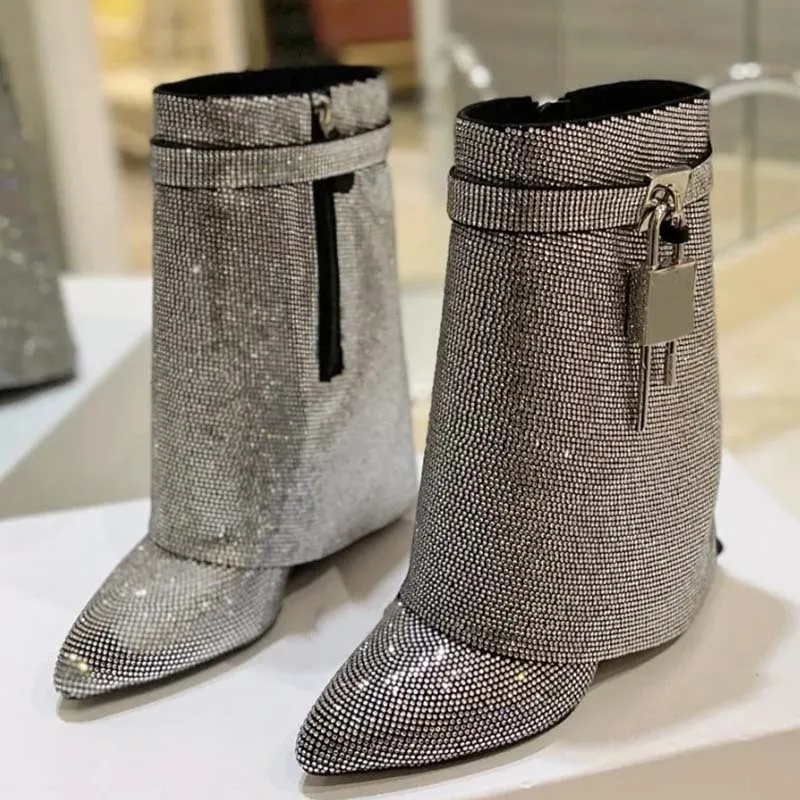 2024 Traf Fold Over Shark Lock Boots Pink Rhinestones Long Boots For Women Wedge Shoes Fashion Pointed Toe Crystal Lady Boot