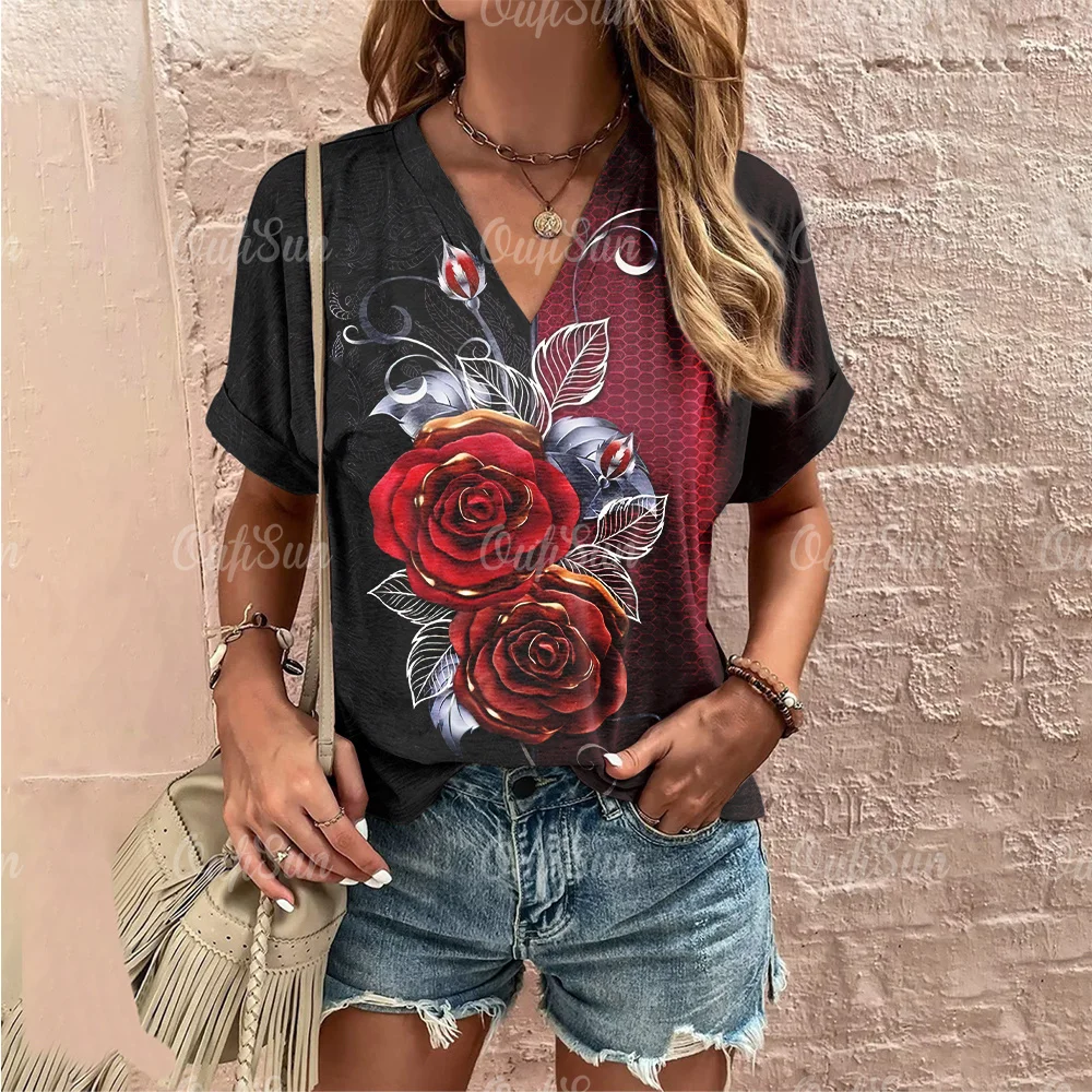 2024 New Women\'s T-Shirts Summer 3D Rose Print Fashion V-neck Short Sleeves Tee For Women Casual Oversized Tops Clothing