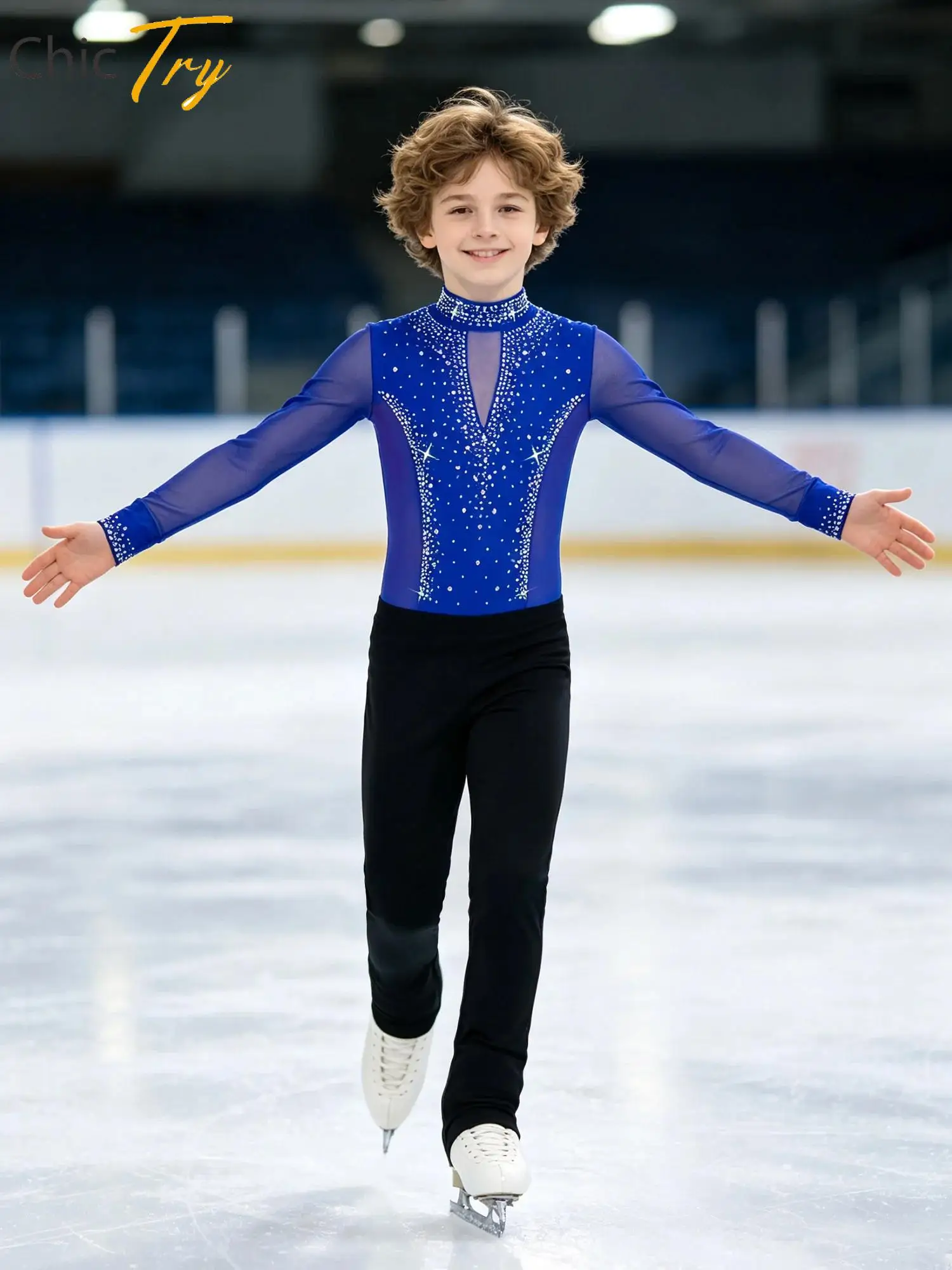 Kids Boys One-Piece Long Sleeves Romper Shirt Leotard Bodysuit Modern Ballet Dancewear Figure Skating Stage Competition Costumes