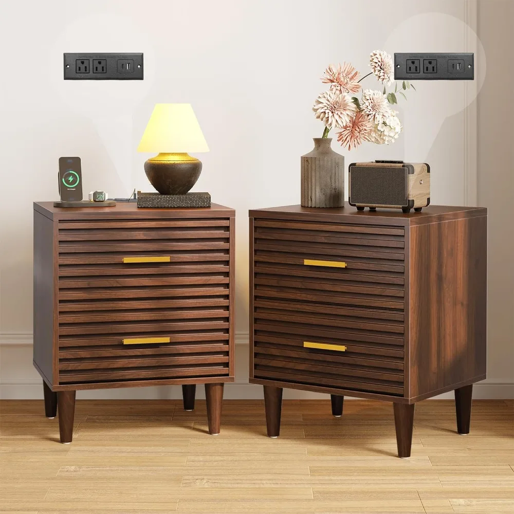 

pair of modern mid-century nightstands with charging stations, wooden bedside tables for bedrooms, end tables with storage