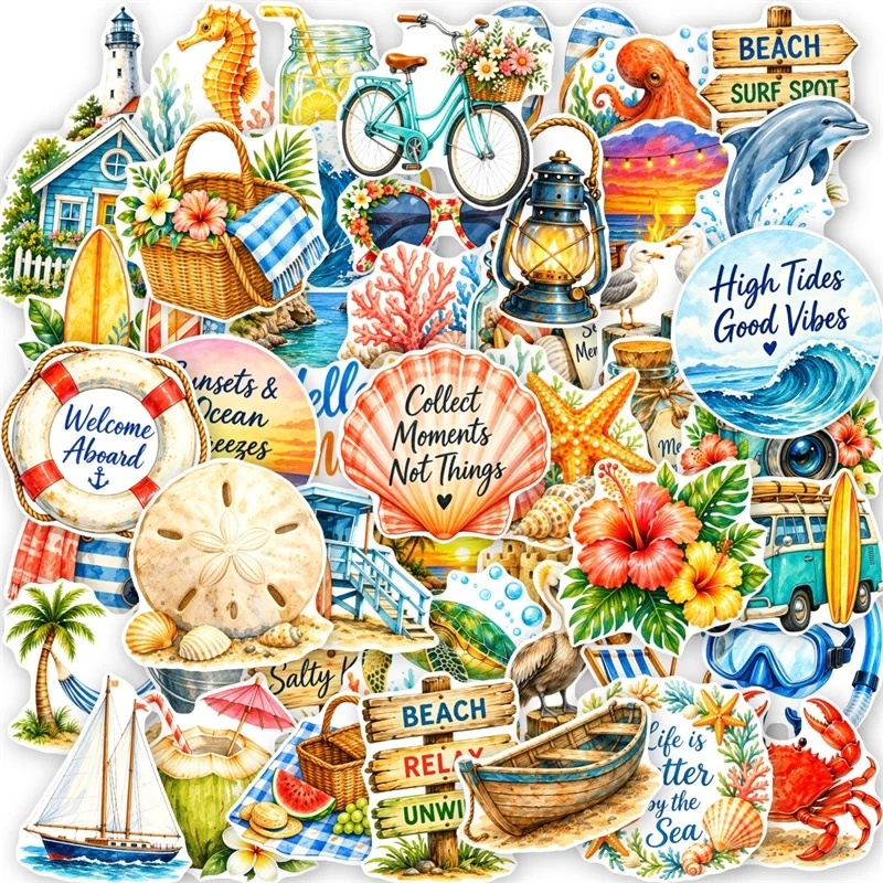 10/30/50PCS Watercolor Summer Beach Sticky Sticker PVC Decoration Scrapbooking DIY Phone Korean Stationery Journaling Supplies