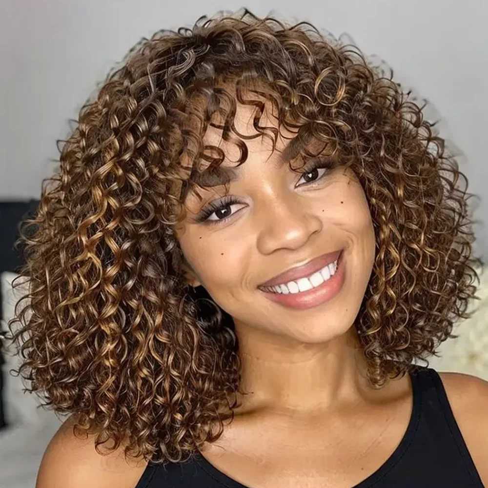 جيري مجعد الشعر البشري القصير الباروكات مع الانفجارات للنساء ، بيكسي بوب ، تسليط الضوء على اللون ، تسليط الضوء على ، قطع الضوء