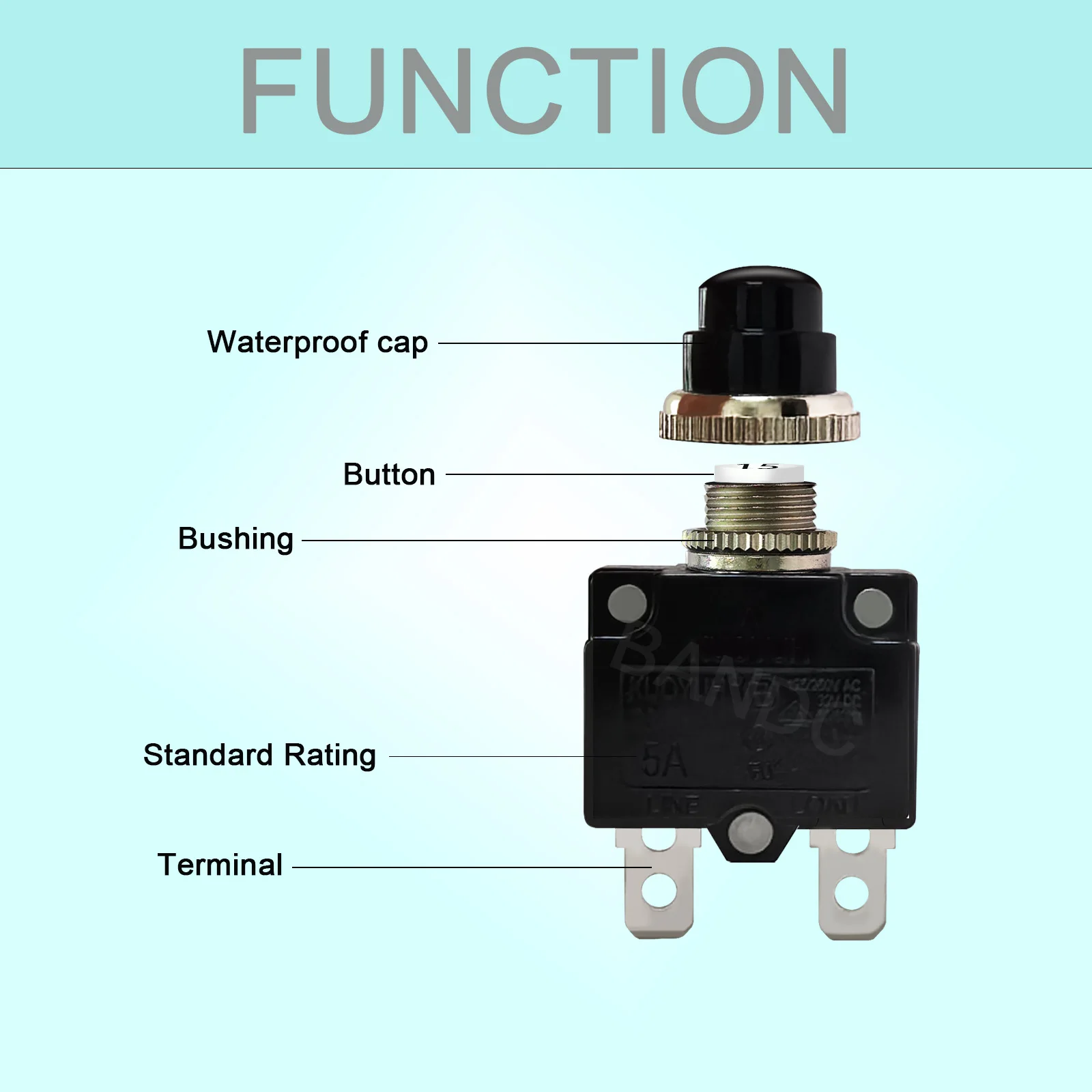 32V DC Overload Protector, Manual Reset Thermal Circuit Breaker 5A 10A 15A with Waterproof Cap Push Switch