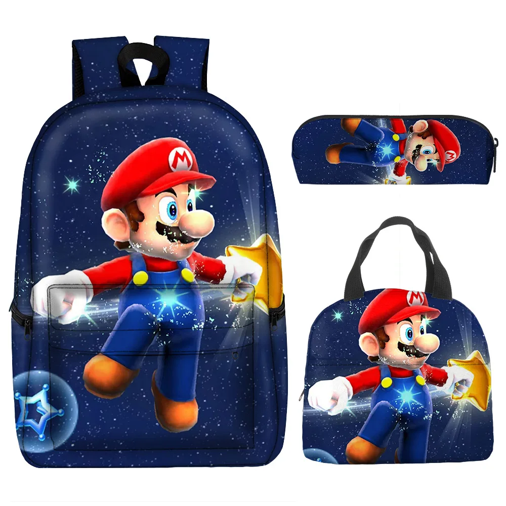 3PC-SET Mario Schoolbag Mario Mario Brothers Backpack Cartoon Student Pencil Bag Lunch Bag schoolbag boys and girls Backpack