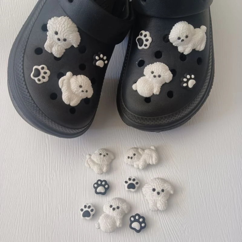 

8pcs New White Bichon Puppy PVC Material Cute Animal Pattern Lightweight Comfortable Shoe Decoration Accessories Set Shoe Buckle