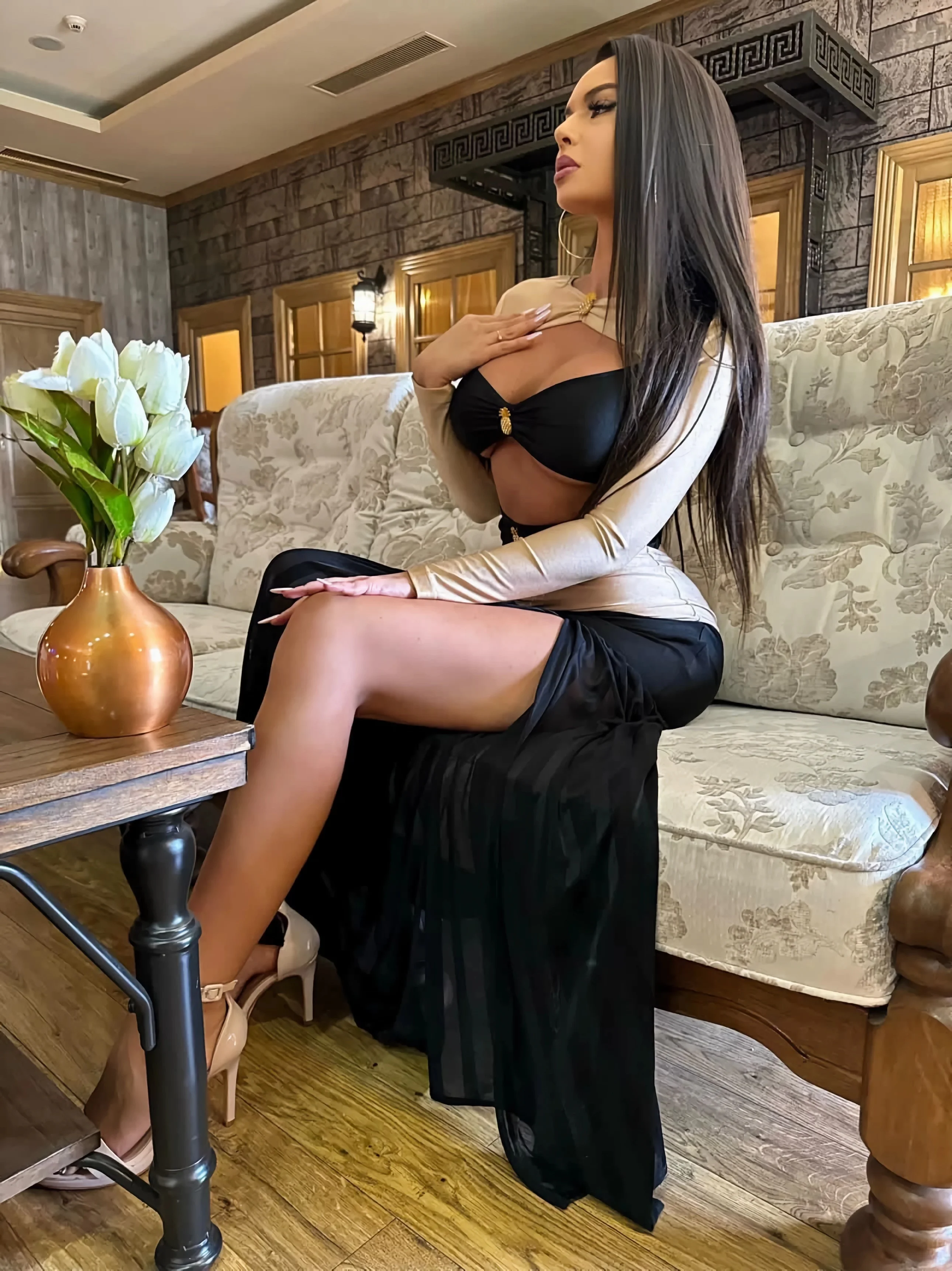 Hollow Long Sleeve Long Dresses Women Mesh Evening Dress Semi-transparent Pineapple Decorated Metal Button Slit Hem Party Dress
