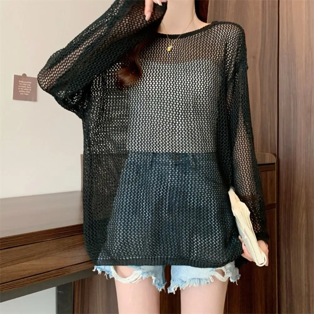 Stilvolle lässige gestrickte hohle Pullover lose Rundhals Langarm T-Shirt Beachwear Streifen häkeln Top Frauen Strand