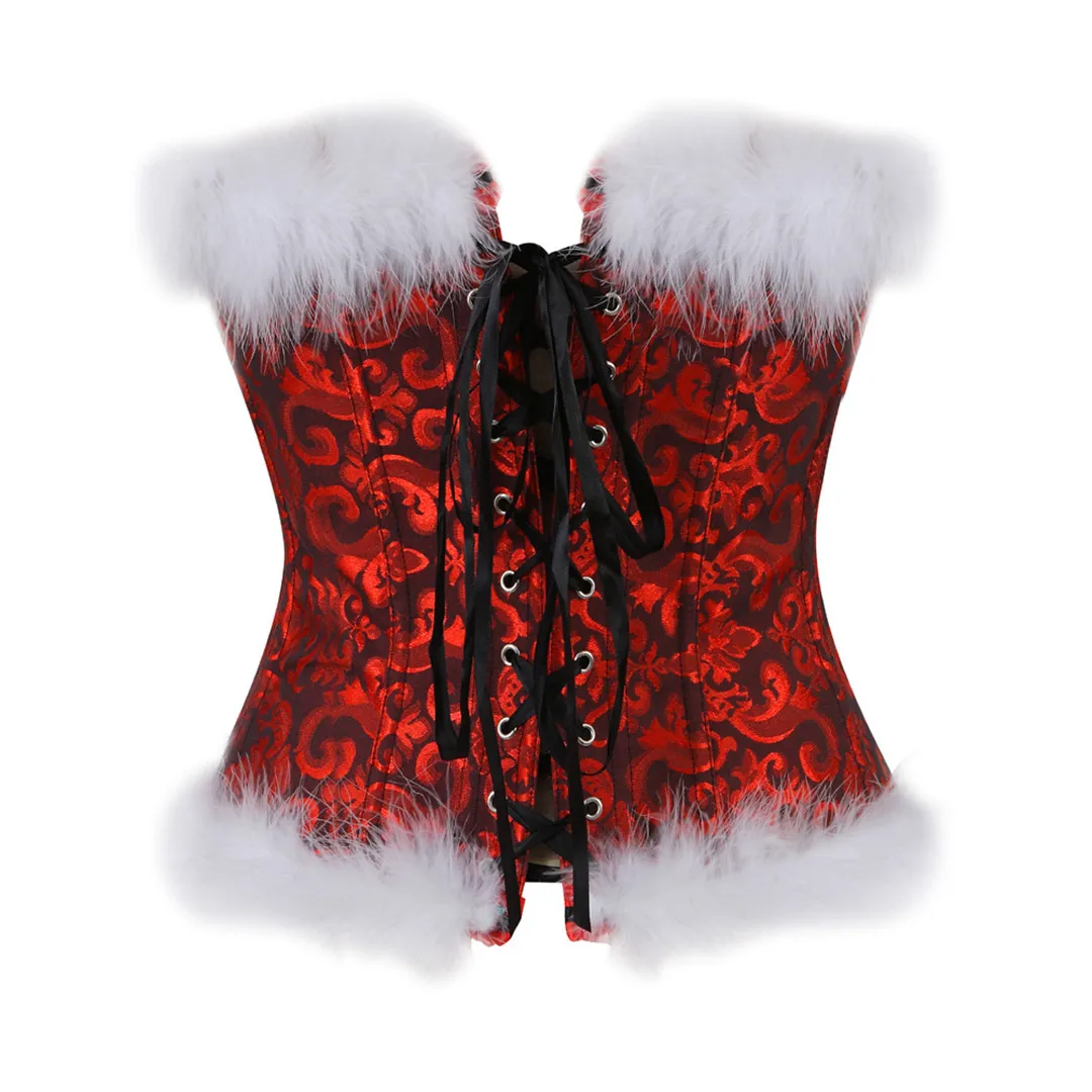 Christmas Halloween Fur Costume Corset Bustier Top Women Victorian Sexy Vintage Flower Overbust Plus Size Lingerie Corselet