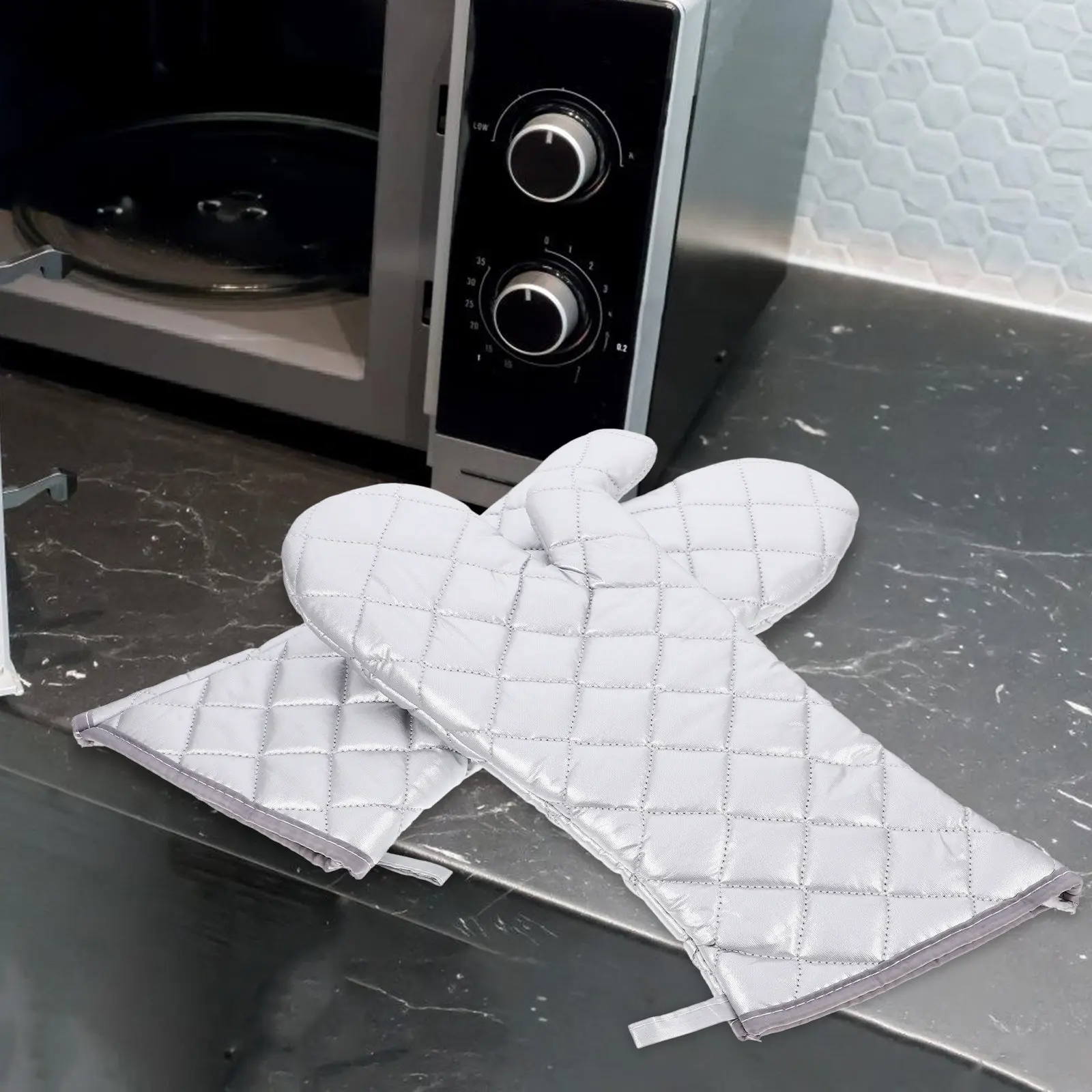 

2 пары термостойких кухонных рукавиц из хлопка и льна для духовки, микроволновки, гриля, выпечки и приготовления пищи