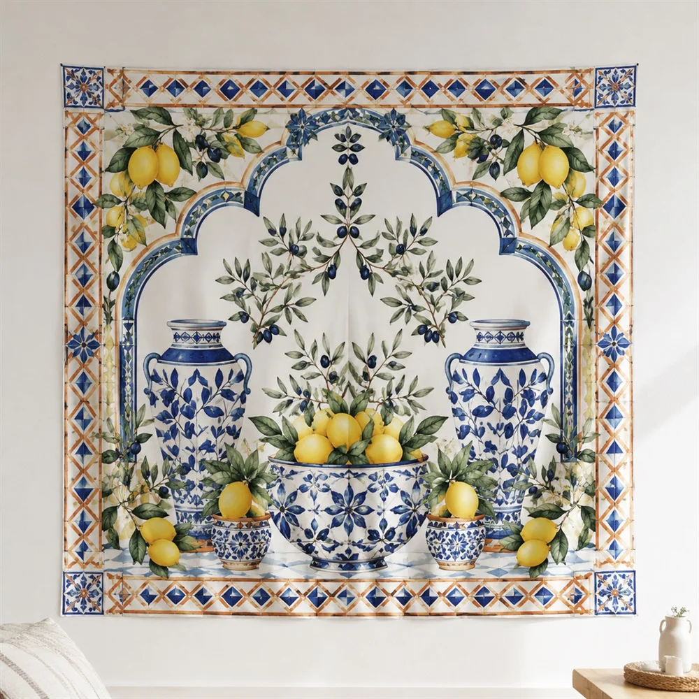 VIKAMA Lemon Branch Mirror Symmetric Tapestry Wall Hanging, Mediterranean Wall Decor Tapestries for Living Room Bedroom Entryway