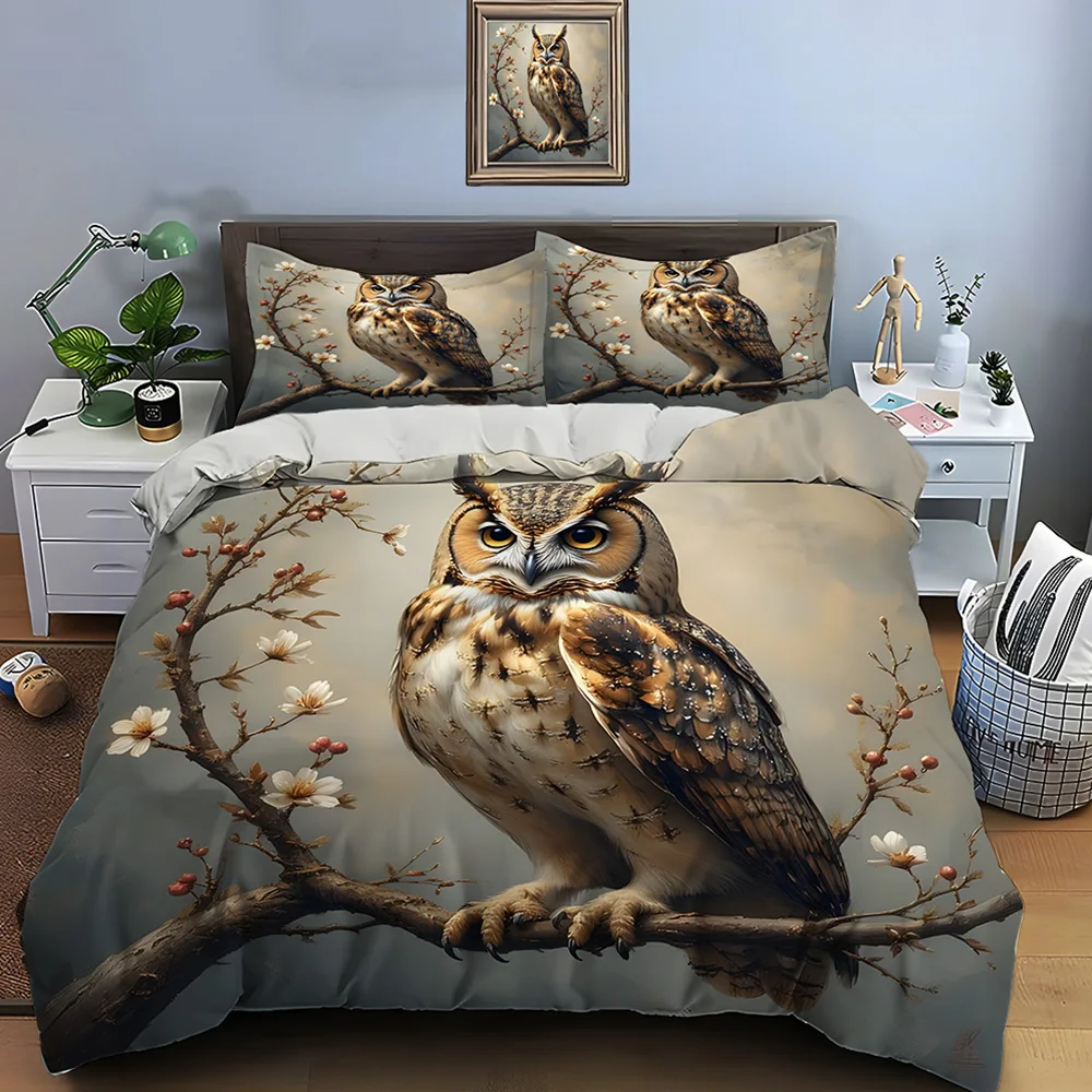 Owl perched on flowering branch Bedding Set for Kids Luxury Gift 3pcs Digital Print Comforter Set Soft Comfortable Breathable