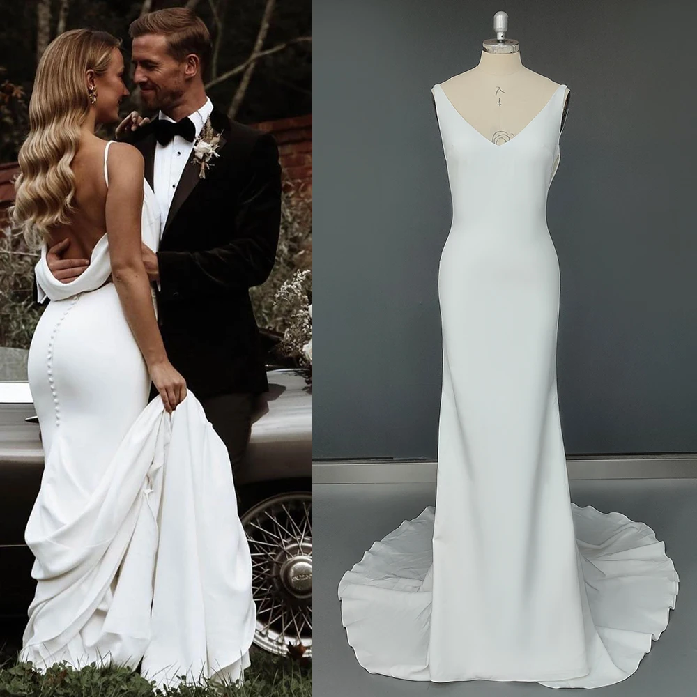 

Real Photos Simple Crepe Satin Sheath Wedding Dress Custom Made Long Train Backless Buttons Draped Trailing V Neck Bridal Gowns