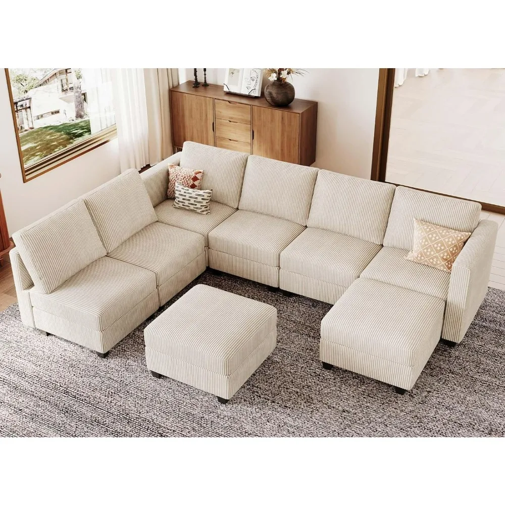 

Oversized Modular Couch with Storage Ottoman Corduroy Sectional Couch with Chaise Convertible Modern Sectional Sofa Couch Beige