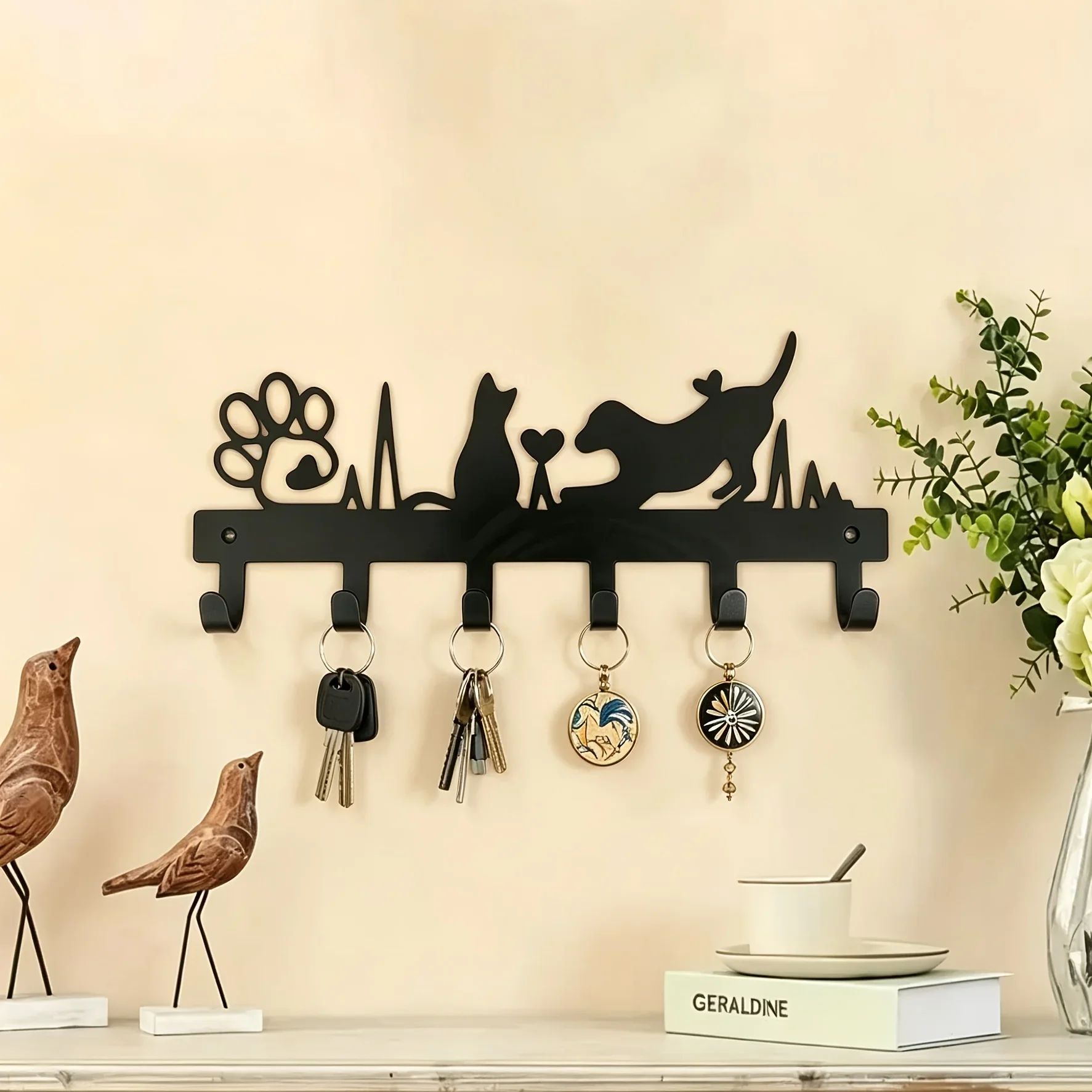 【2D Flat】6-Hook Black Metal Cat & Dog Wall Hook Heartbeat Design Entryway Organizer for Keys Coats Perfect Gift for Pet Lovers