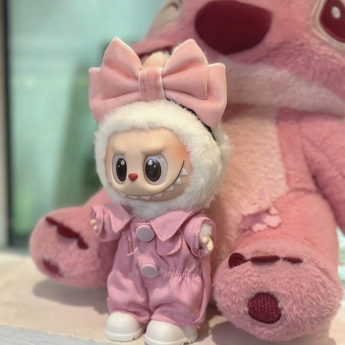 Mini Plush Doll Overalls Jumpsuit Clothes for Labubu Pink Set Outfits Decoration Dolls Accessories ﻿