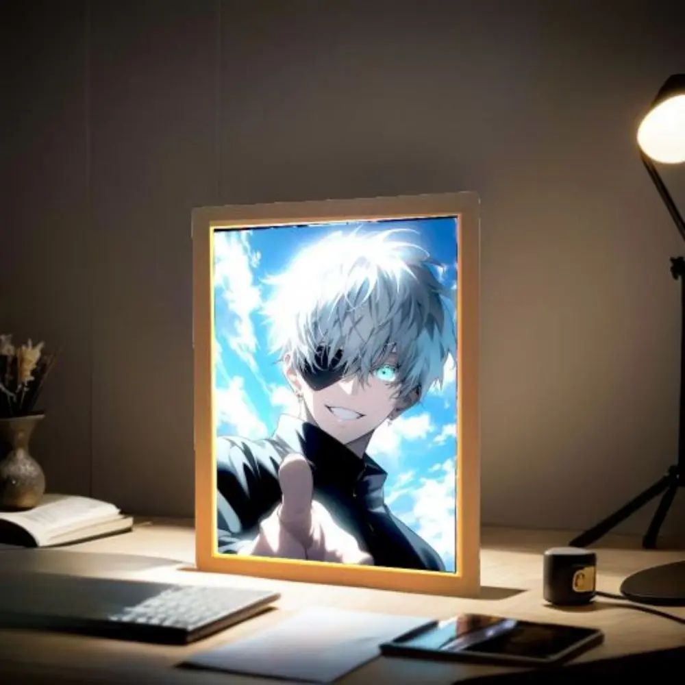 Anime Figure Jujutsu Kaisen Light Painting Photo Frame Action Figures Satoru Gojo Led Night Light Bedroom Decor Gifts Moon Lamp