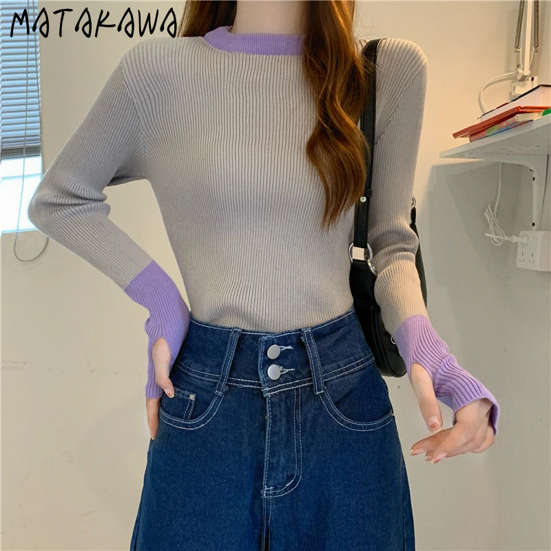 MATAKAWA Sweater Korean Fashion Thin Y2k Pullover Contrast Color Retro Long Sleeve Slim Jersey Top Elegant Sueters De Mujer