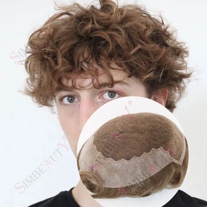 

26 мм вьющиеся Q6 мужские волосы протез отбеленные узлы французские кружевные парики для мужчин блондинка серый коричневый человеческие волосы полная кружевная система