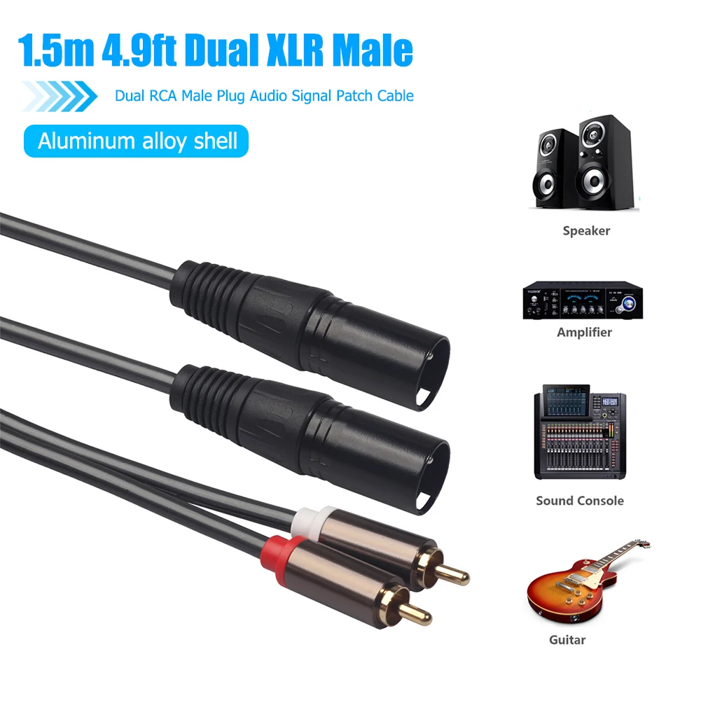 1.5m/4.9ft Dual XLR przejście ze złącza męskiego na podwójne RCA męski powłoka ze stopu aluminium ze stopu cynku Canon głowy mikrofon Audio Adapter