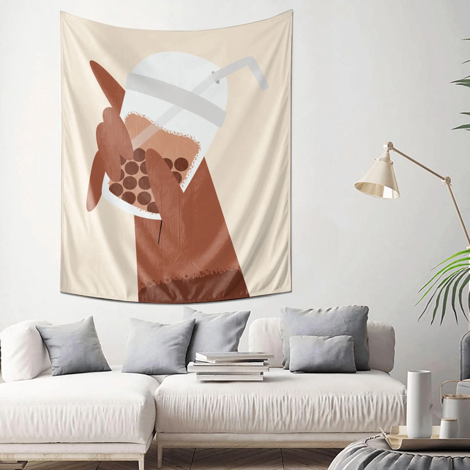 

Настенный гобелен с изображением человека, держащего чашку баббл-чая, машинная стирка, всесезонный декор, современный художественный дизайн, прочные материалы для дома.