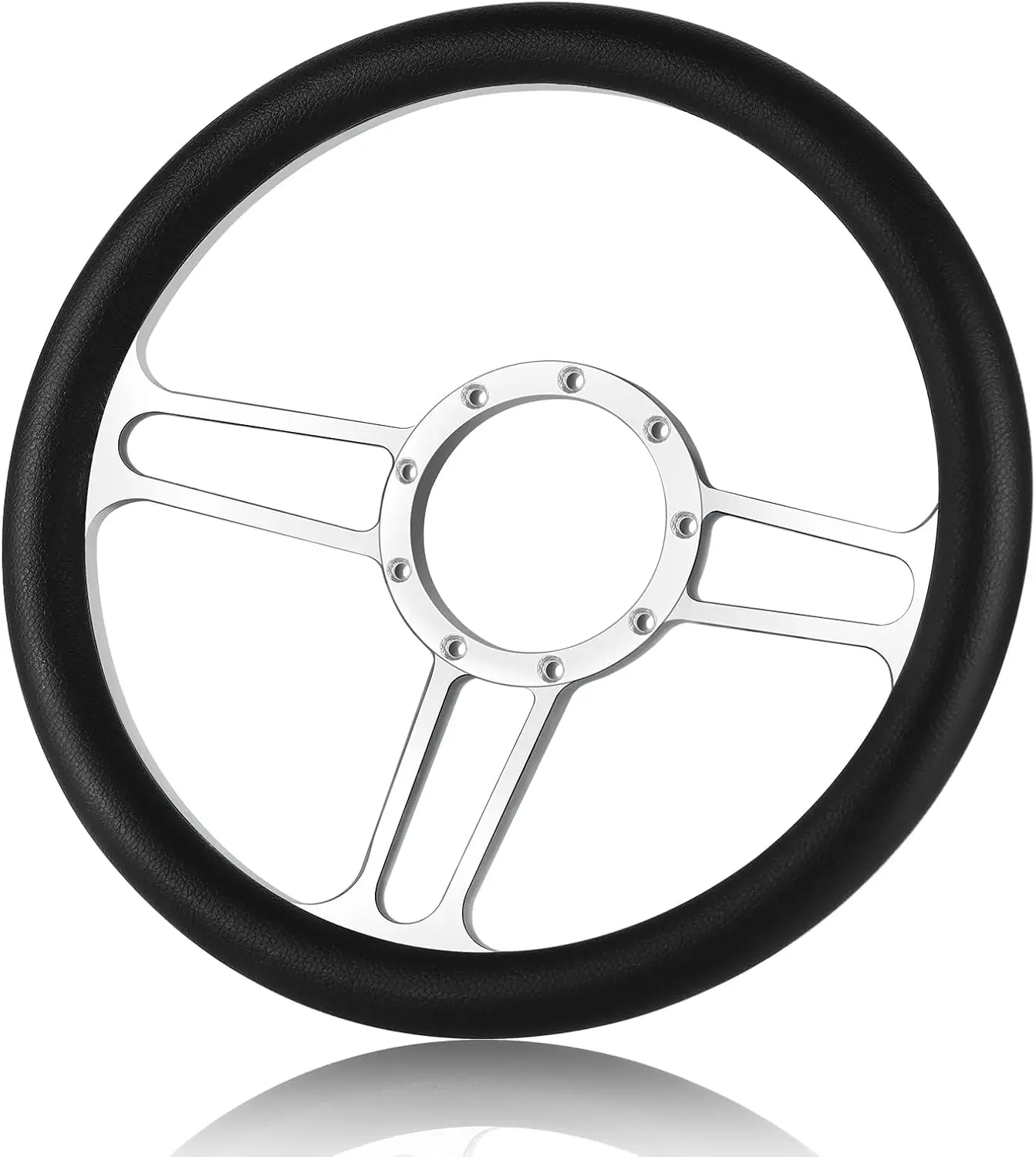 

9 Bolt 14 Inch Leather Billet Steering Wheel, 3 Spoke Design Fits Most 9 Hole Cars, Black