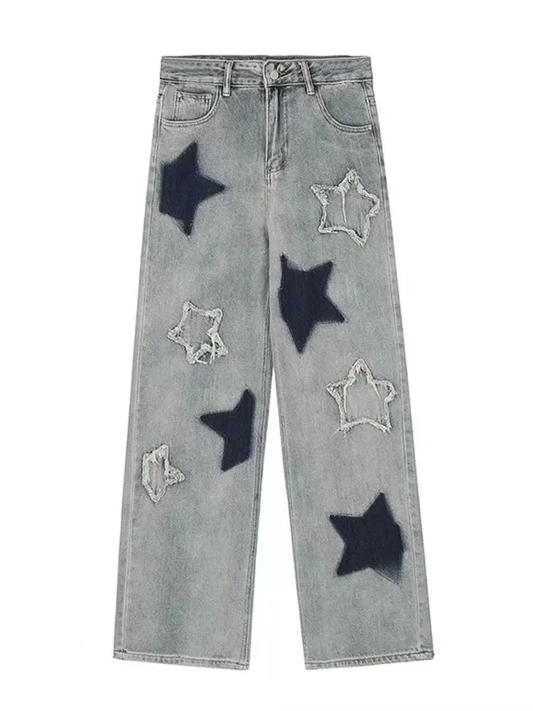 ADAgirl Y2k Vintage Stars Denim Pants Women Hip Hop Streetwear Casual Baggy Korean High Waist Jeans Harajuku Chic Trouser Summer