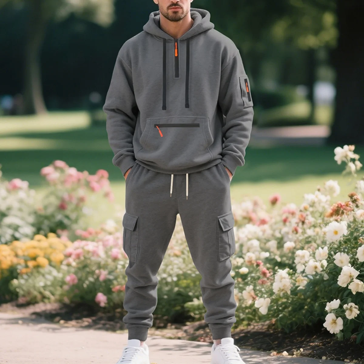 

Men's Casual Hooded Sports Set Spring/Autumn Fashionable Street Style Zipper Pockets Loose Fit Relaxed Sport Two-piece set