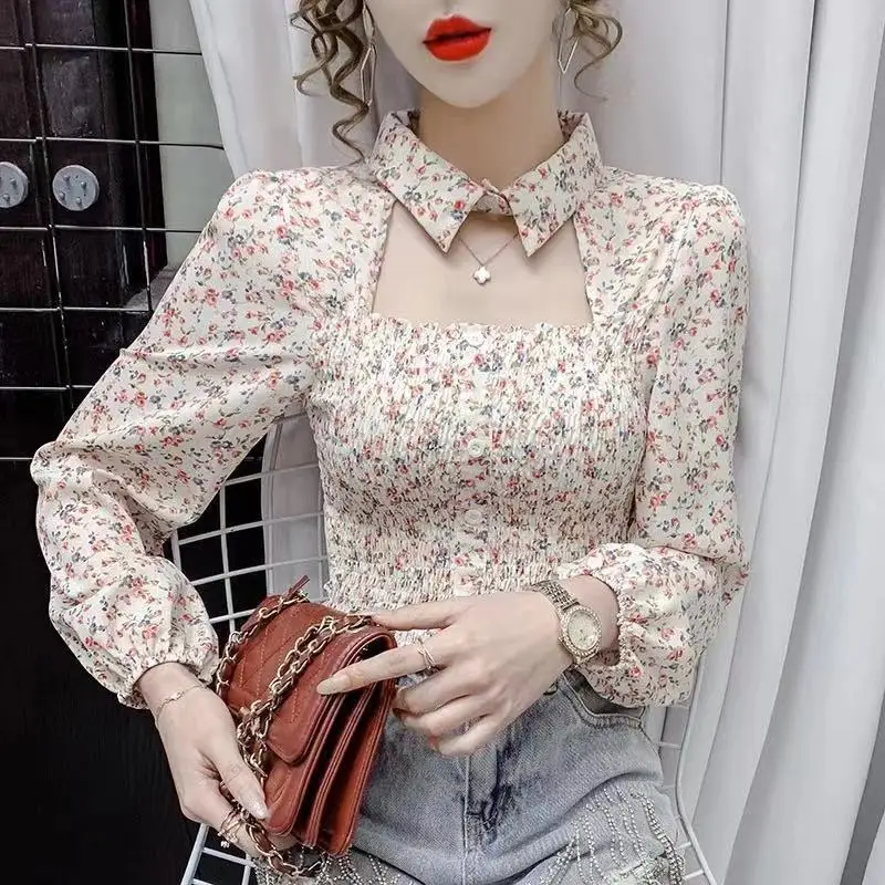 Floral Chiffon Shirt 2024 New Spring Summer Women Collect Waist Hollow Out Tops Vintage Blouse Women Longsleeve Short Shirt 3XL