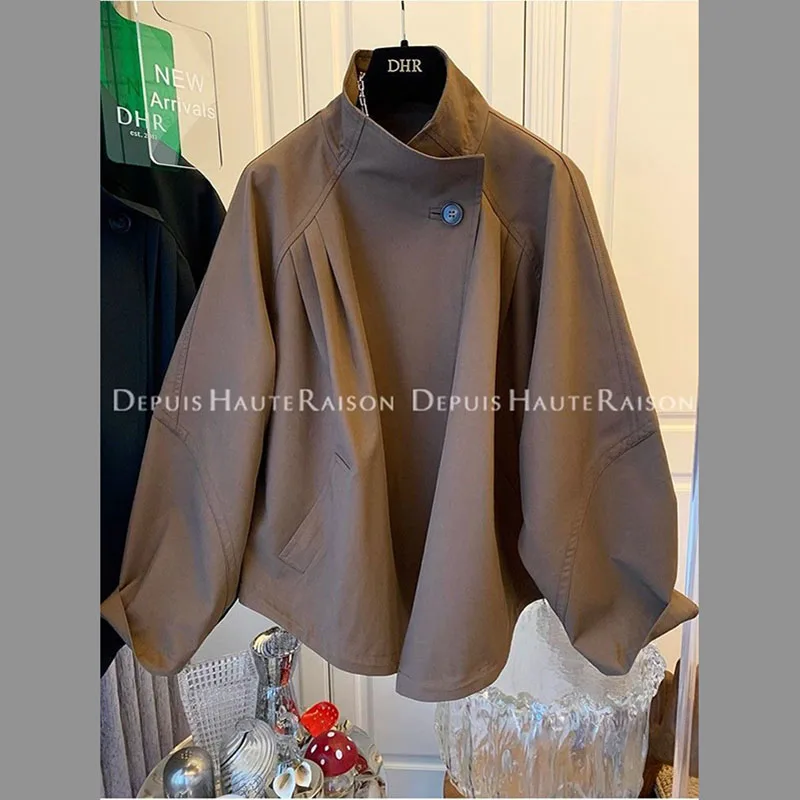 

Офисный женский Тренч со сборкой на талии для женщин, кардиган с воротником-стойкой, модная ветровка, осень 202, новое свободное пальто