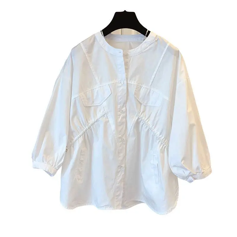 Camisa informal de manga corta con cordón y volantes de algodón estilo francés para mujer, corte holgado