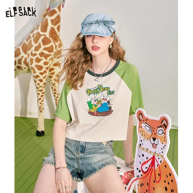 ELFSACK American style raglan color contrast short sleeved t-shirt for women\'s 24 summer new front shoulder short short short to