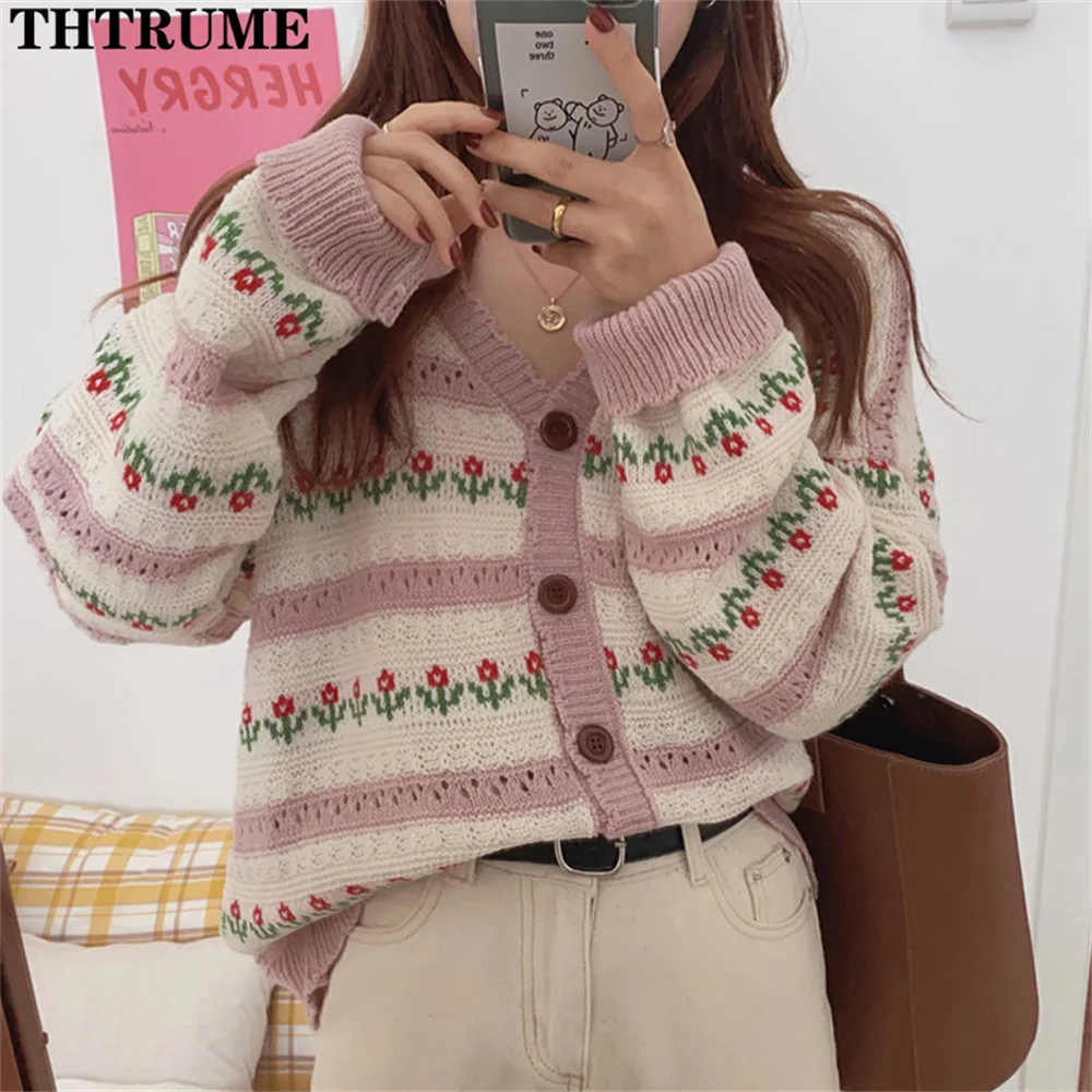 Casual Autumn Winter Sweaters Fashion Women Floral Print Single Breasted Knit Chic Jumpers Tops Elegant Sweet Loose Cardigans