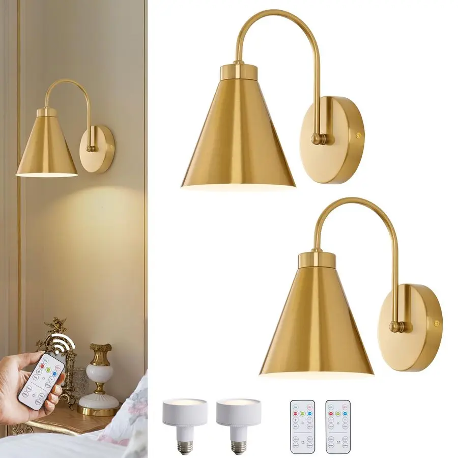 

Cordless Gooseneck Battery Operated Wall Sconces Set of 2, Gold Bedside Battery Powered Wall Decor Lamps with Remote Control, Wi