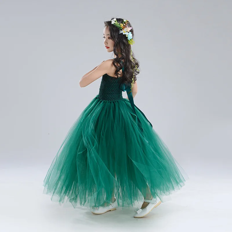 Girl Clothes Fairy Cosplay Outfits Dark Green Children Birthday Party Dresses